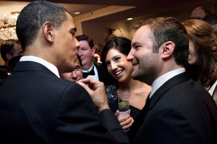 President Obama speaking to David Greene and other attendees of the 2009 White House Correspondents' Dinner.