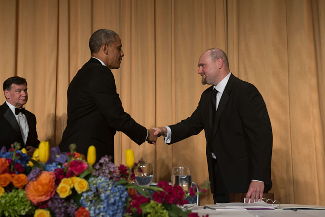 Glenn Thrush of Politico receives the Aldo Beckman Memorial Award at The White House Correspondents Association Dinner held at the Washington Hilton Hotel in Washington, D.C., on Saturday, May 3, 2014. ( Photo / J.M. Eddins Jr.)