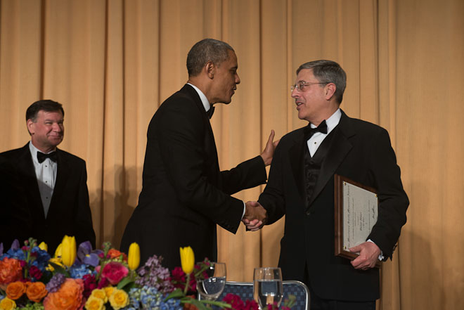 Peter Maer, CBS News, received the Merriman Smith Memorial Award, broadcast category, at The White House Correspondents Association Dinner held at the Washington Hilton Hotel in Washington, D.C., on Saturday, May 3, 2014. ( Photo / J.M. Eddins Jr.)