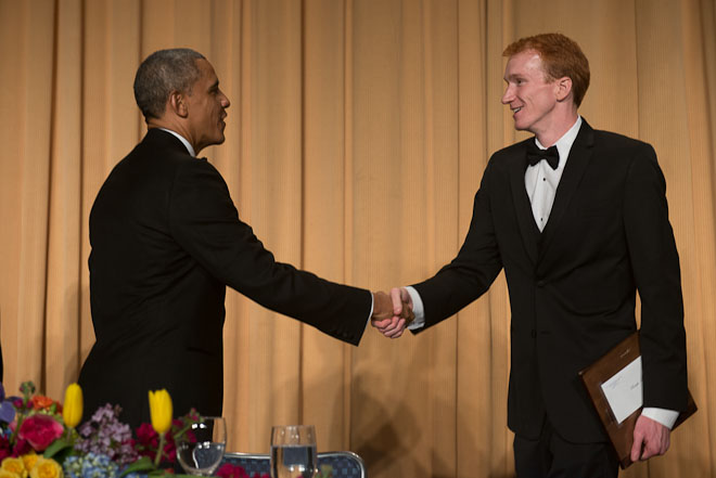 The Center for Public Integrity's Chris Hamby receives the Edgar A. Poe Award at The White House Correspondents Association Dinner held at the Washington Hilton Hotel in Washington, D.C., on Saturday, May 3, 2014. ( Photo / J.M. Eddins Jr.)