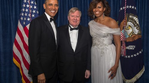 George E. Condon, Jr., recipient of the WHCA's President's Award with President Barack Obama and Mrs. Obama at the 2014 WHCA awards dinner.