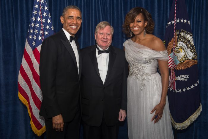 George E. Condon, Jr., recipient of the WHCA's President's Award with President Barack Obama and Mrs. Obama at the 2014 WHCA awards dinner.